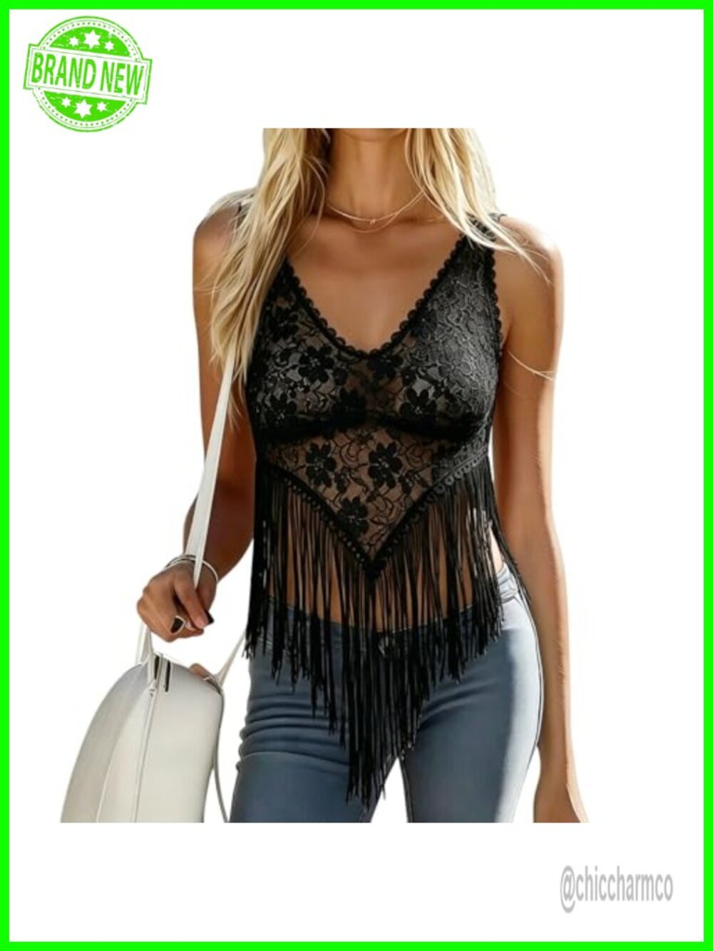 V Neck Lace Mesh Fringe Top Sheer Sleeveless Crop Shirt Y2K Western